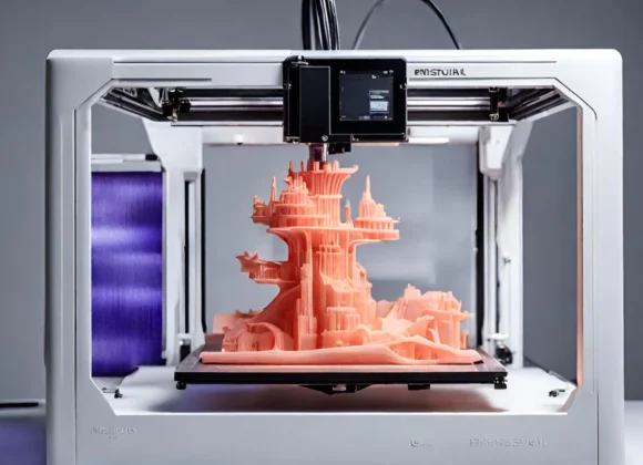 Uma impressora 3D em ação, criando um objeto personalizado.