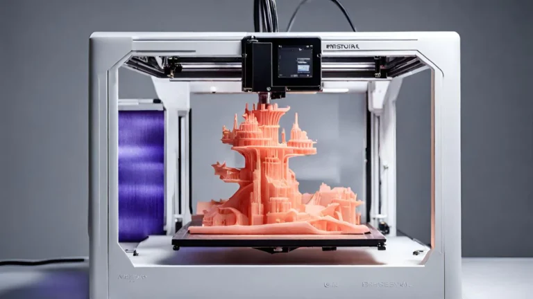 Uma impressora 3D em ação, criando um objeto personalizado.