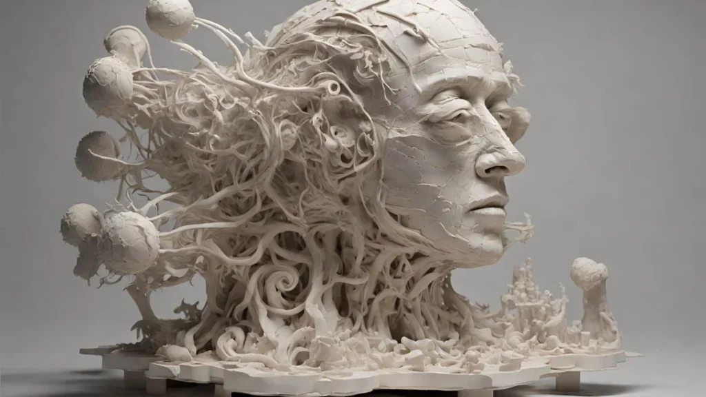 Uma impressora 3D criando um protótipo, representando a transformação de pensamentos em realidade.