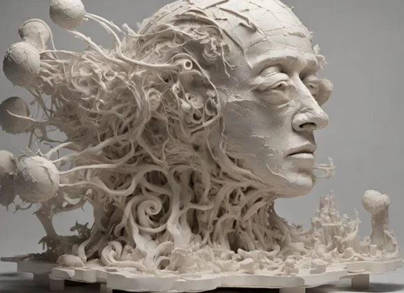 Uma impressora 3D criando um protótipo, representando a transformação de pensamentos em realidade.