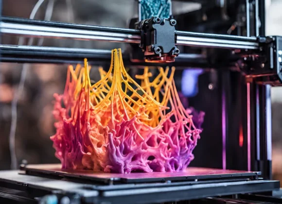 Imagem mostrando uma impressora 3D criando um objeto personalizado.
