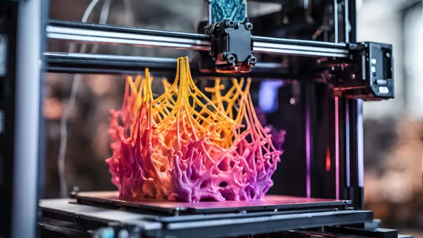 Imagem mostrando uma impressora 3D criando um objeto personalizado.