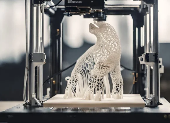 Uma impressora 3D criando um protótipo, representando o processo de criação com tecnologia 3D.
