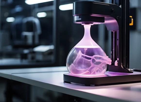 Impressora 3D de resina curando uma camada de resina líquida com luz UV em um ambiente de trabalho inovador