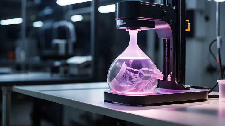 Impressora 3D de resina curando uma camada de resina líquida com luz UV em um ambiente de trabalho inovador